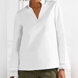 NWT $298 Tory Burch White Sofia Top With Fridged Cuffs Size 8